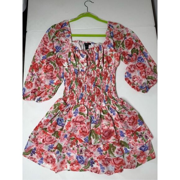Forever 21 Bohemian Pink Floral Off Shoulder Smocked Mini Ruffle Dress Sz L - Picture 7 of 10